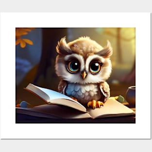 Baby Owl with Big Eyes Reading a Book Posters and Art